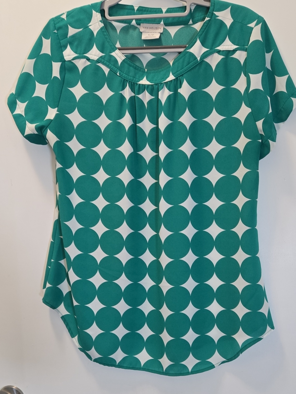 Van Heusen Teal and White Polka Dot Short Sleeve Blouse - Round Neck